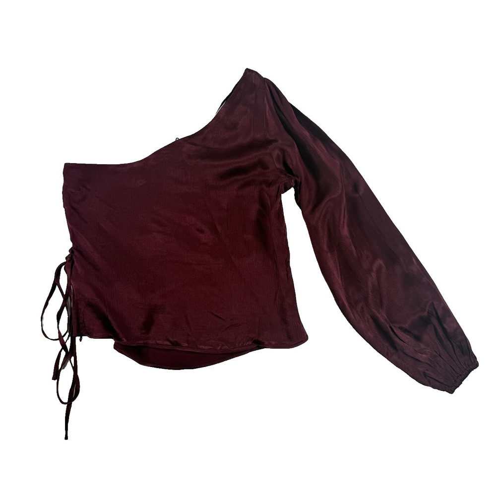 NWT MINKPINK One‎ Shoulder Blouse Size Small Wine Burgundy Side Tie Long Sleeve